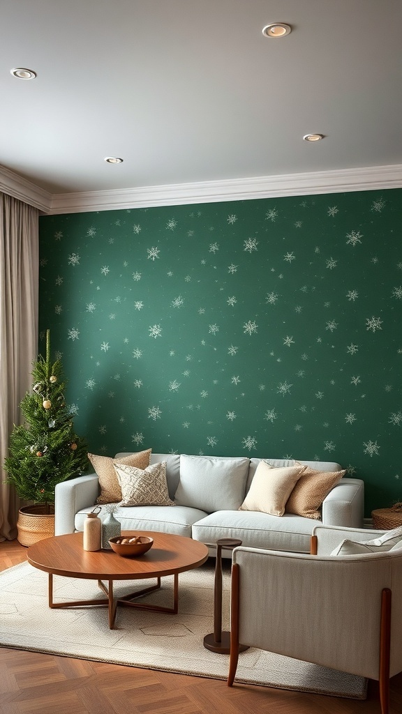 Single Color Christmas Wallpaper Aesthetic Living room with deep green single color Christmas wallpaper, minimalistic decor, and a small Christmas tree.